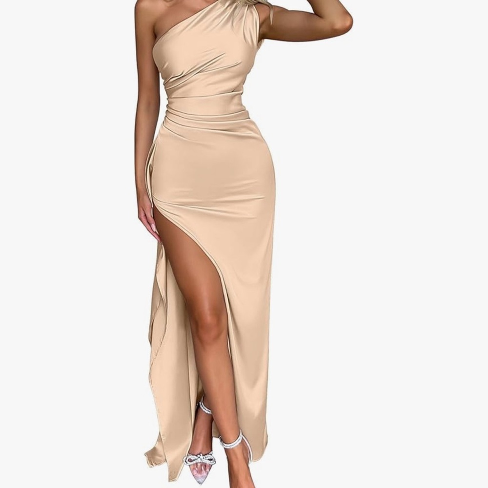 Elegant One-Shoulder Tan Dress
